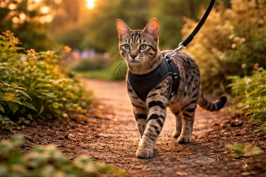 Savannah cat in an enriched home with climbing and play opportunities