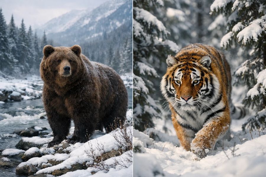 Brown Bear vs. Siberian Tiger (Amur Tiger)