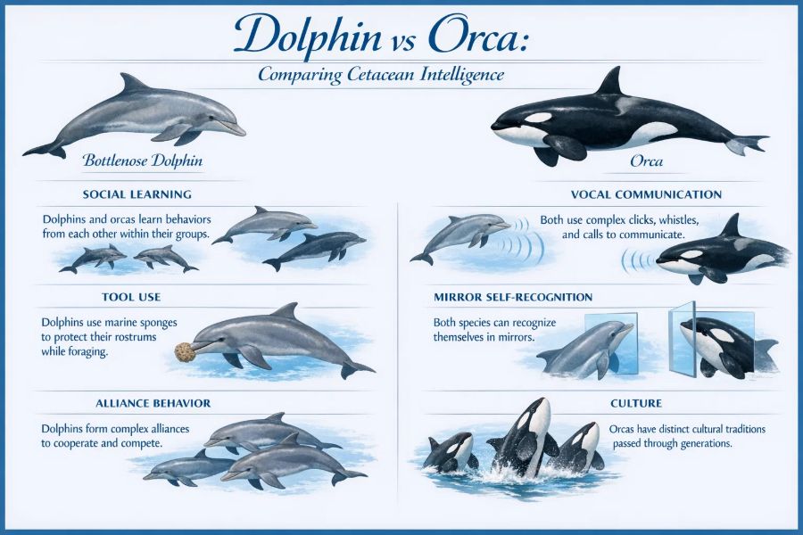 Orca pod showing coordinated social behavior and cultural hunting traditions