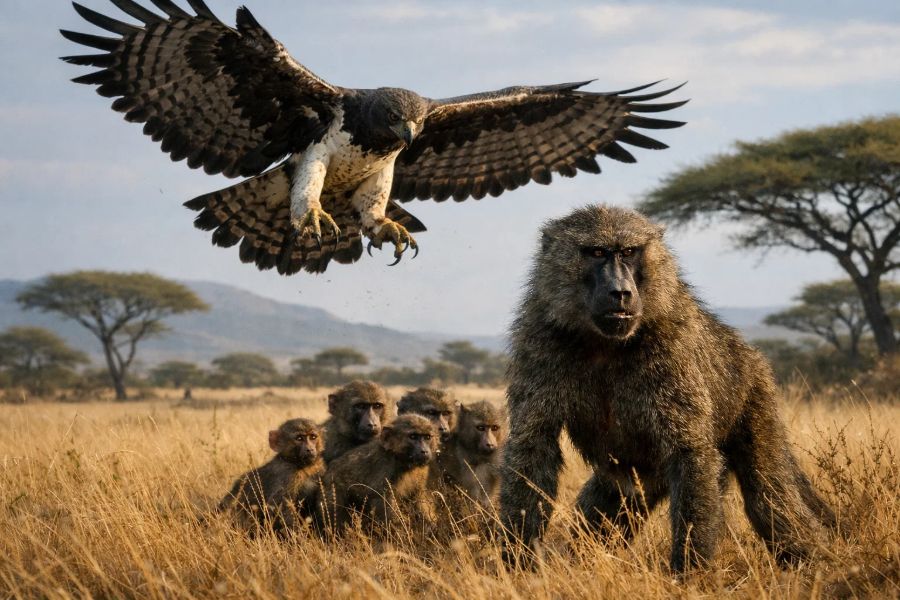 Martial Eagle vs Baboon: Sky Predator and Ground Primate