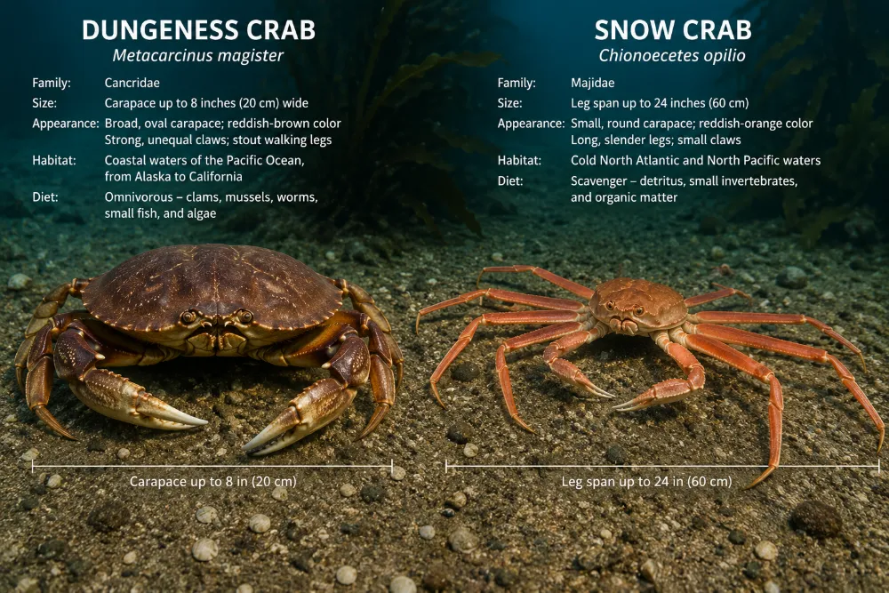 Dungeness Crab vs Snow Crab: Key Differences in Size, Shape, Habitat, Taste, and Meat