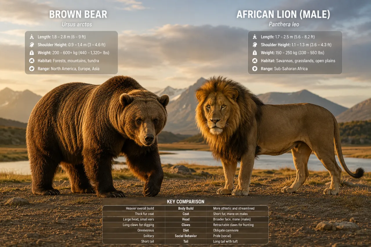 Bear vs Lion: Key Differences in Size, Strength, Speed, Claws, Bite Force, Habitat, and Behavior