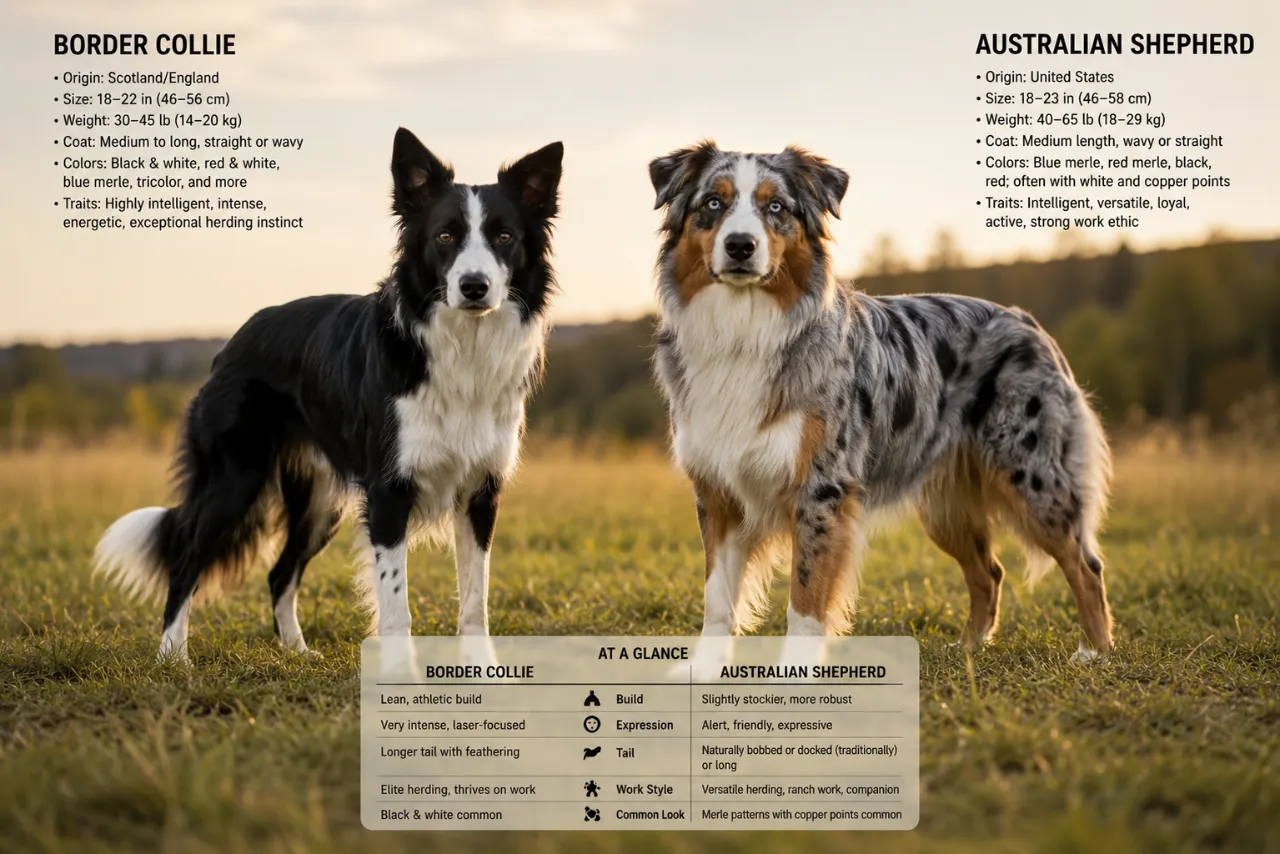 Border Collie vs Australian Shepherd: Key Differences in Size, Energy, Herding Style, Temperament, C