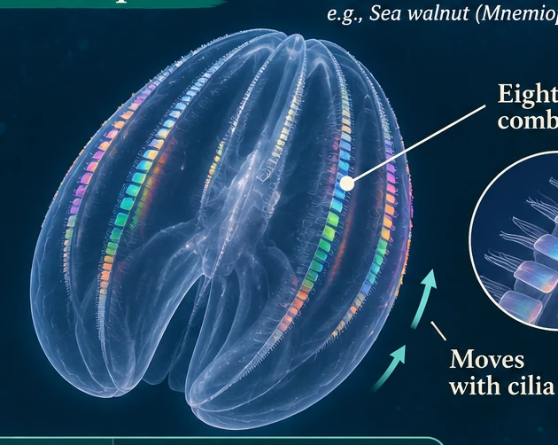 Educational illustration of a comb jelly highlighting its rows of cilia