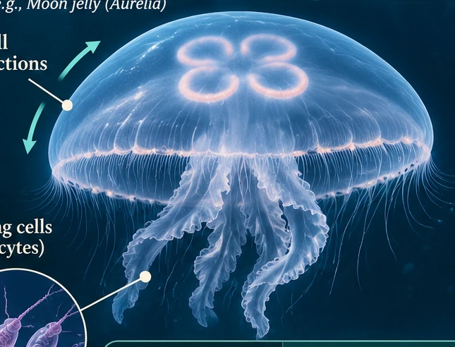 Illustrated moon jellyfish visual guide showing bell and four internal structures